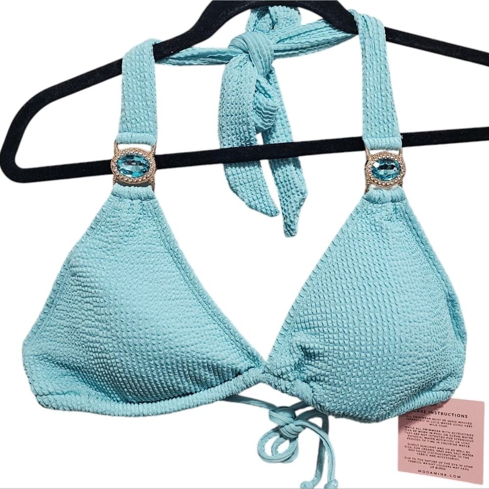 Moda Minx (ASOS) Scrunch Triangle Bikini Top with‎ jewel accents in Baby Blue